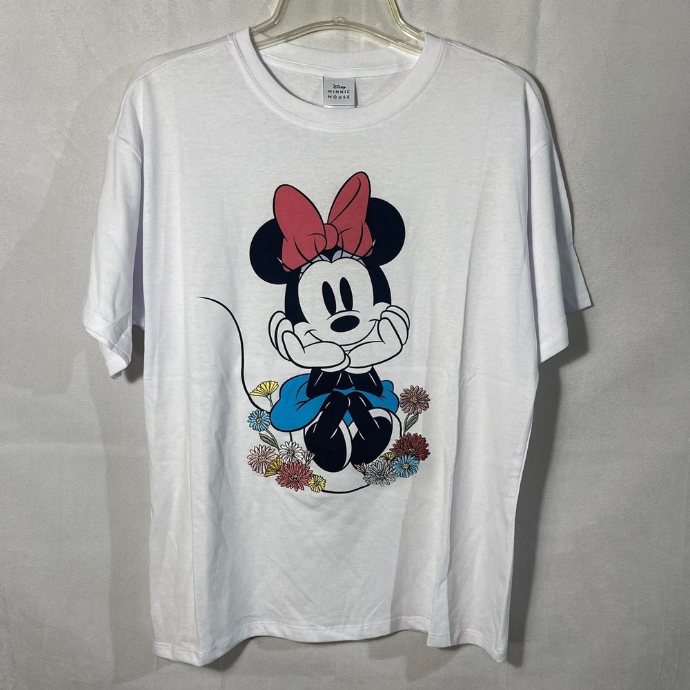 Disney Minnie Mouse Womens XL White Graphic T Shirt Short Sleeve‎ Flowers